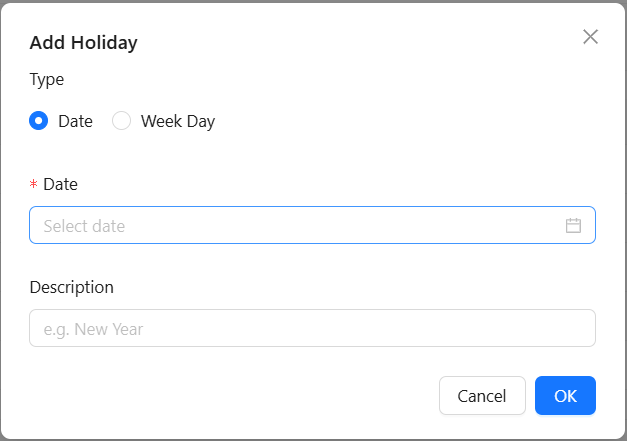 Add Holiday 弹窗截图