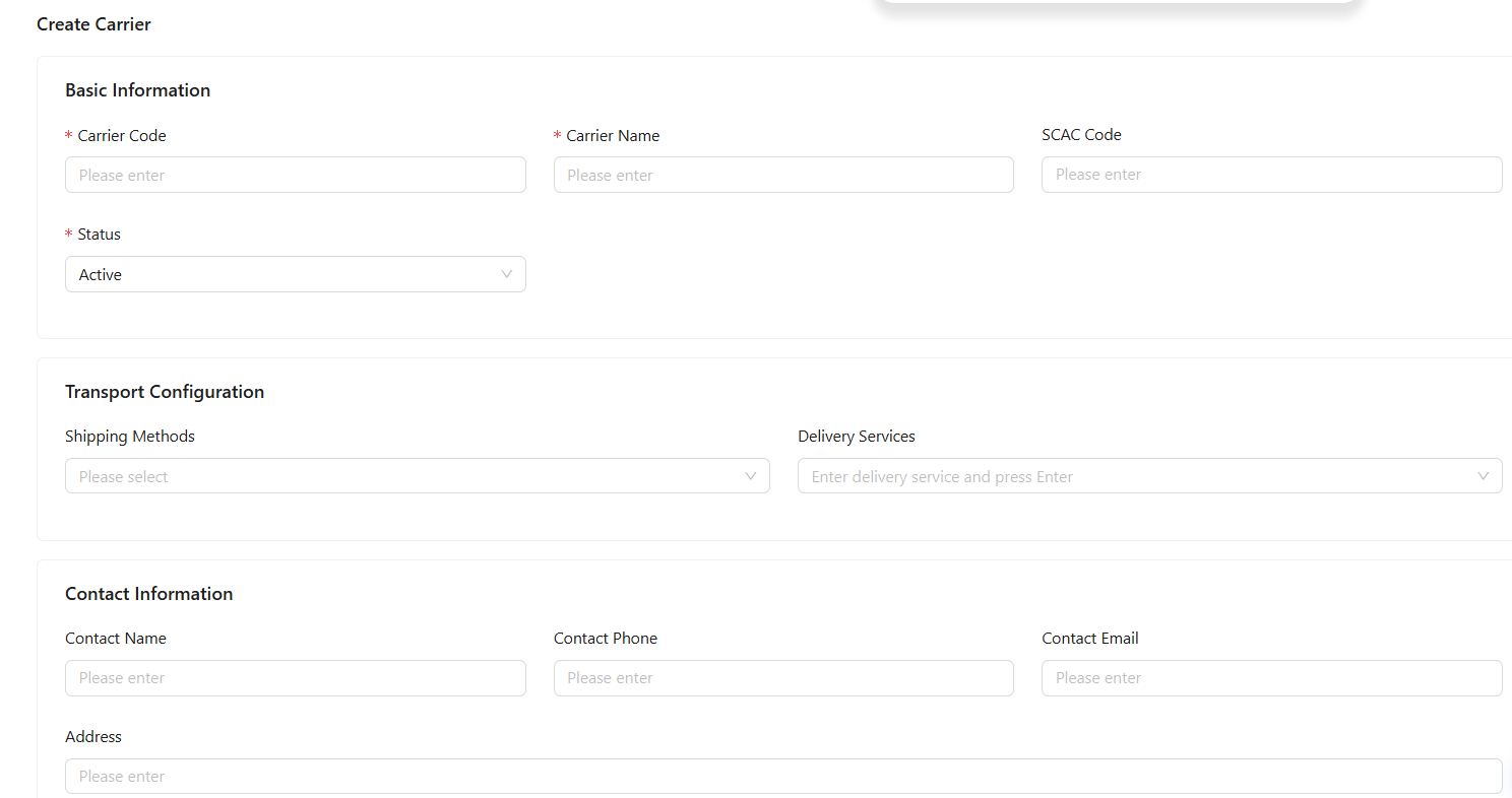 Create Carrier 页面截图