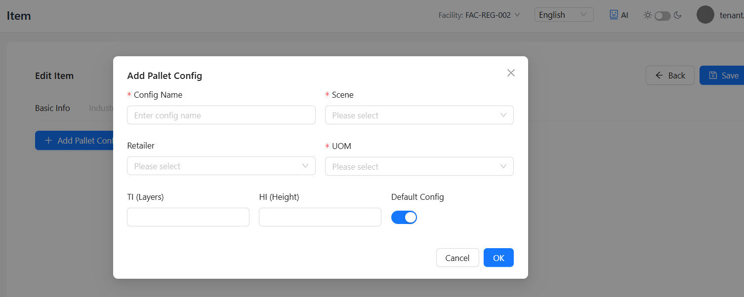 Item Pallet Config 新增页面截图