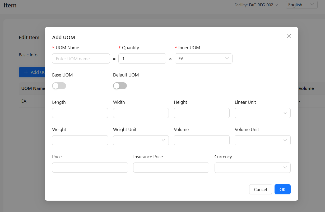 Item UOM Management 新增页面截图