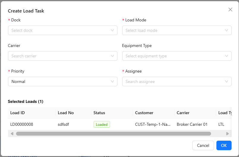 Create Load Task 弹窗截图