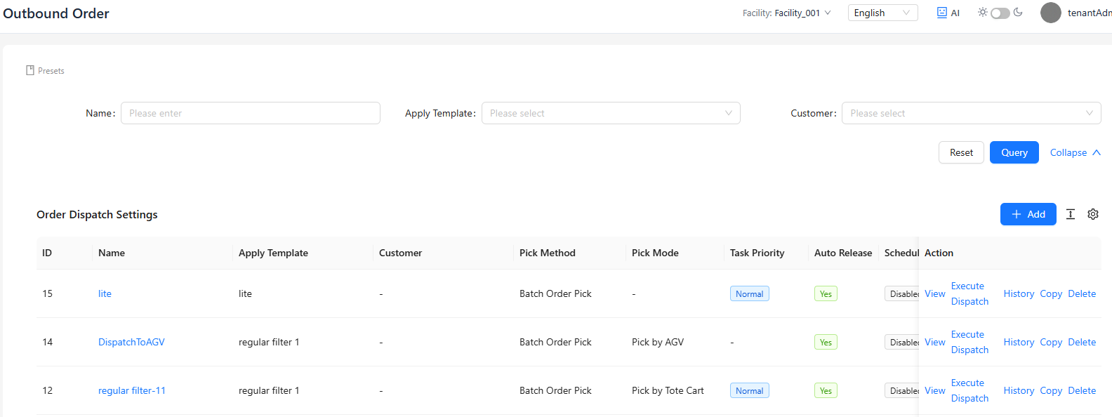 Order Dispatch Settings 列表页面截图