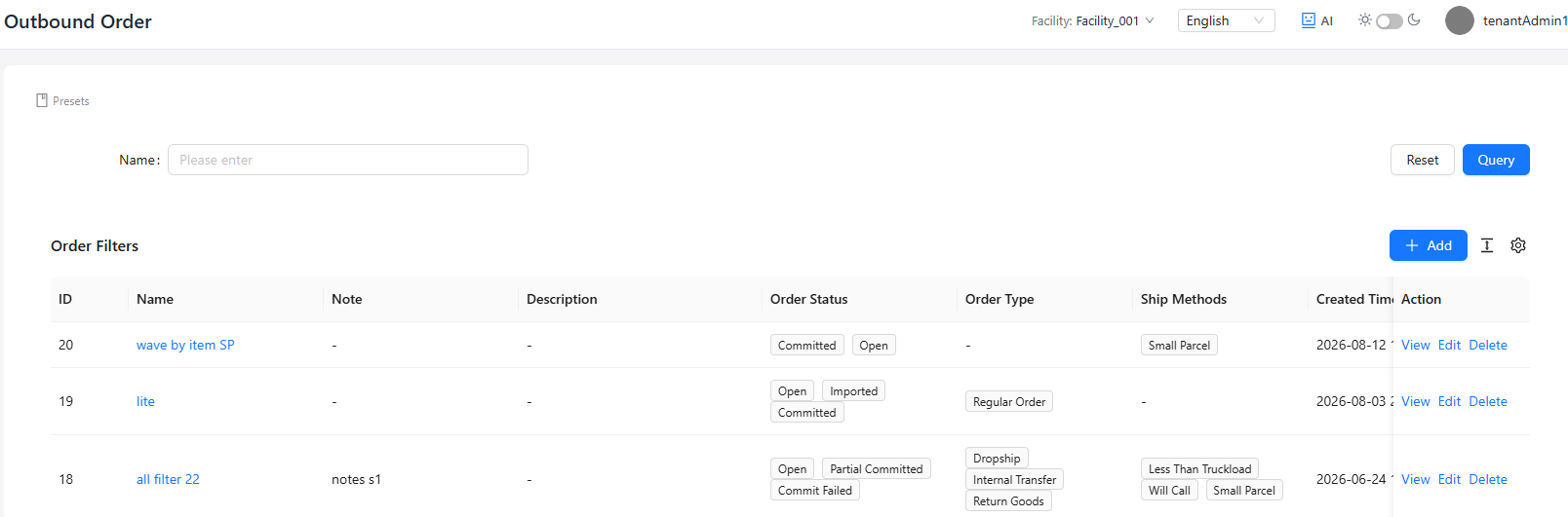 Order Filters 列表页面截图