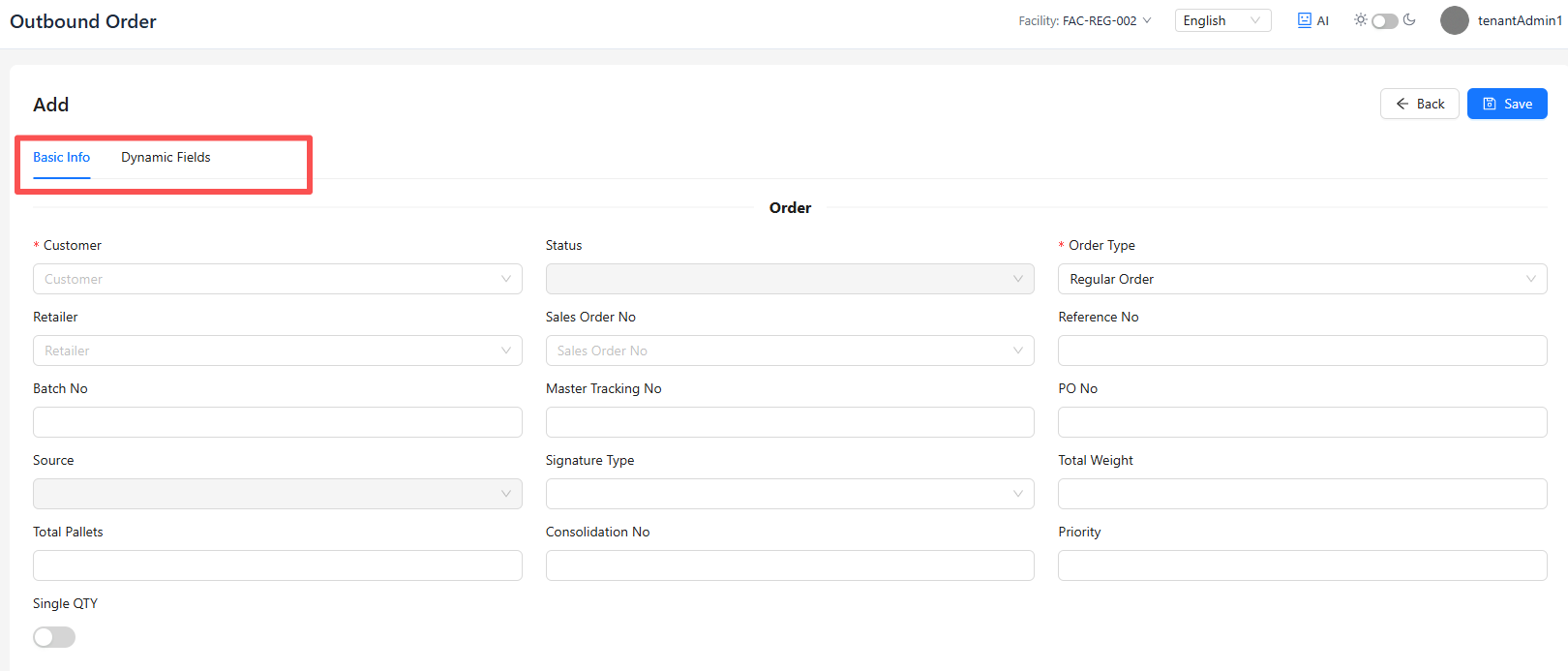 Outbound Order 的 Order 信息区域截图