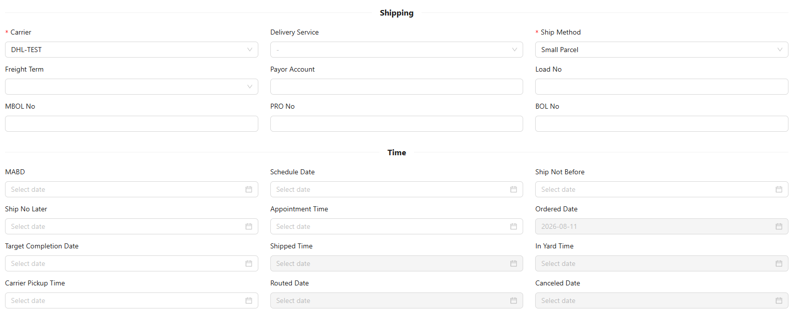 Outbound Order 的 Shipping 和 Time 区域截图