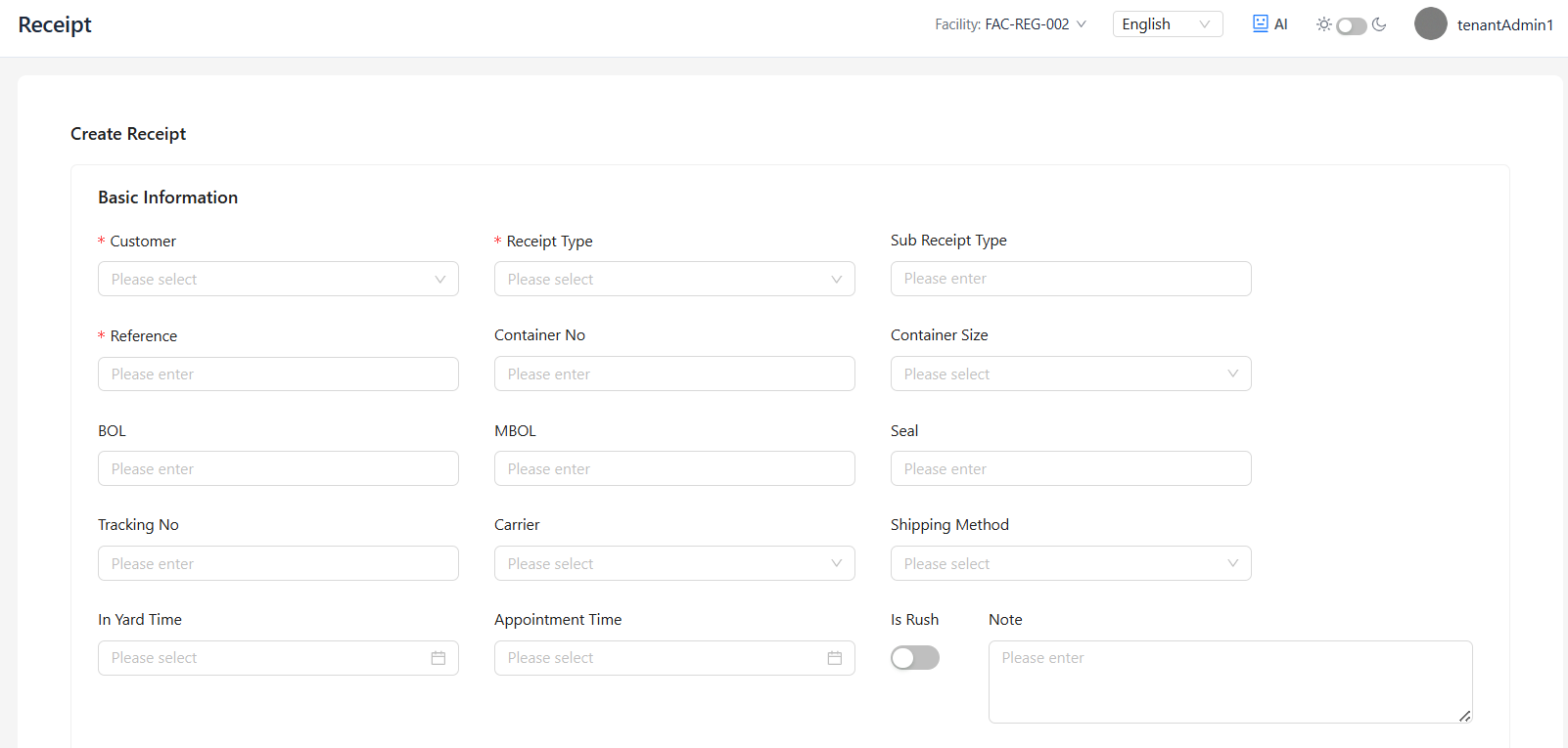 Create Receipt Basic Information 页面截图