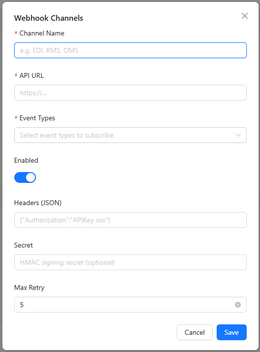Webhook Channel 配置弹窗